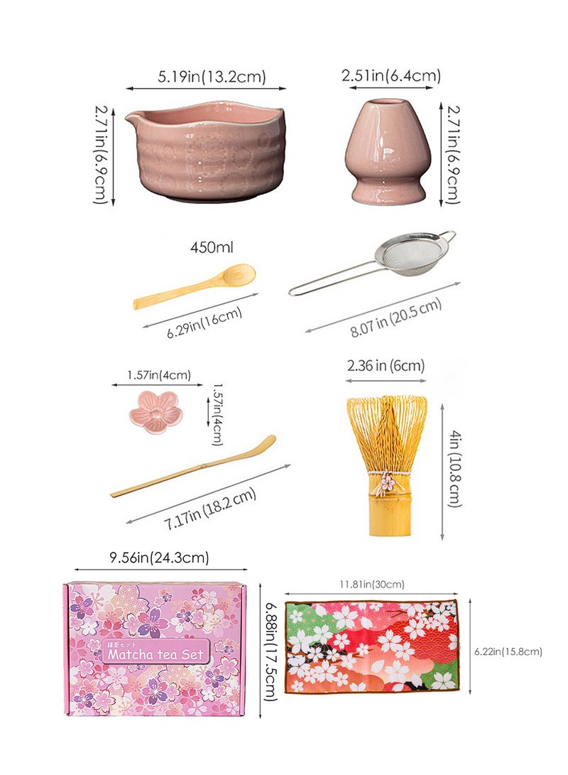 8 Pieces Matcha Tea Whisk Set, Japanese Matcha Tea Kit Includes Ceramic Bowl, Bamboo Whisk,Scoop,Chasen Whisk Holder,Stainless Steel Sifter,Spoon,Towel for Traditional Ceremony,Gift Box Matcha Tea Making Kit,Pink - Image 3