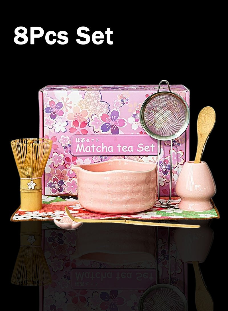 8 Pieces Matcha Tea Whisk Set, Japanese Matcha Tea Kit Includes Ceramic Bowl, Bamboo Whisk,Scoop,Chasen Whisk Holder,Stainless Steel Sifter,Spoon,Towel for Traditional Ceremony,Gift Box Matcha Tea Making Kit,Pink - Image 1