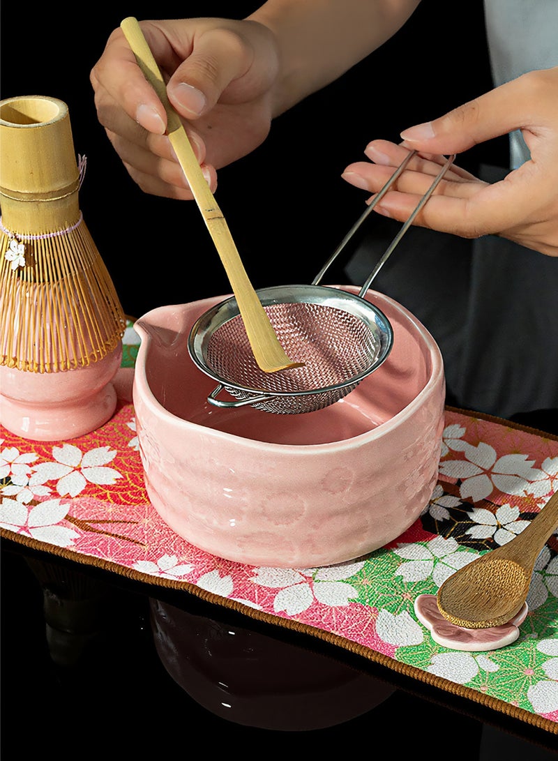 8 Pieces Matcha Tea Whisk Set, Japanese Matcha Tea Kit Includes Ceramic Bowl, Bamboo Whisk,Scoop,Chasen Whisk Holder,Stainless Steel Sifter,Spoon,Towel for Traditional Ceremony,Gift Box Matcha Tea Making Kit,Pink - Image 2
