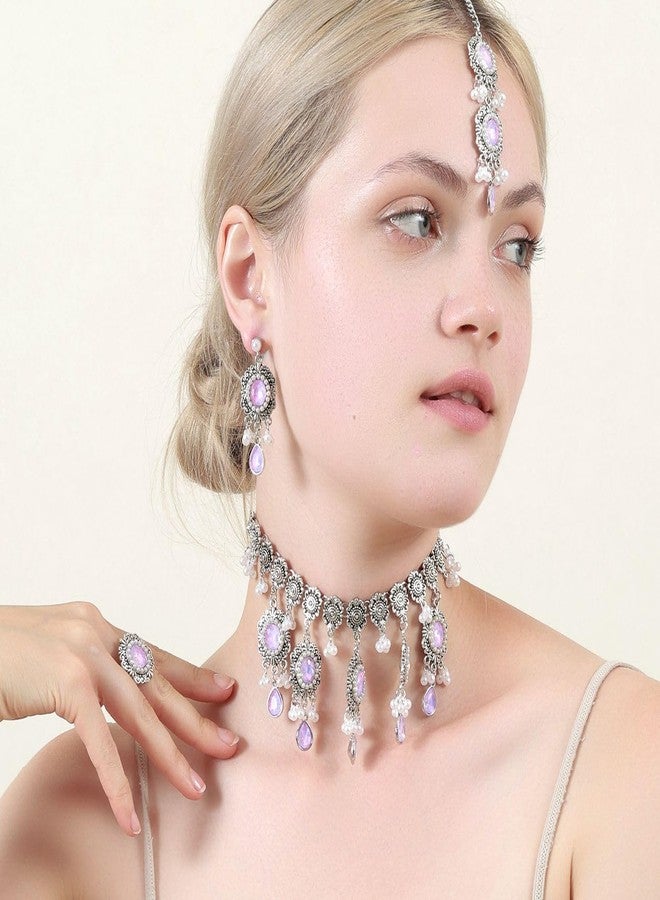 Cykdohy Luxury Waterdrop Rhinestone Pearls Tassel Charm Necklace Earrings Ring Maang Tikka Jewelry 4PCS Set Oxidized Antique Silver Flower Choker Ethnic Indian Retro Crystal Bollywood Bridal Wedding for Women - Image 3