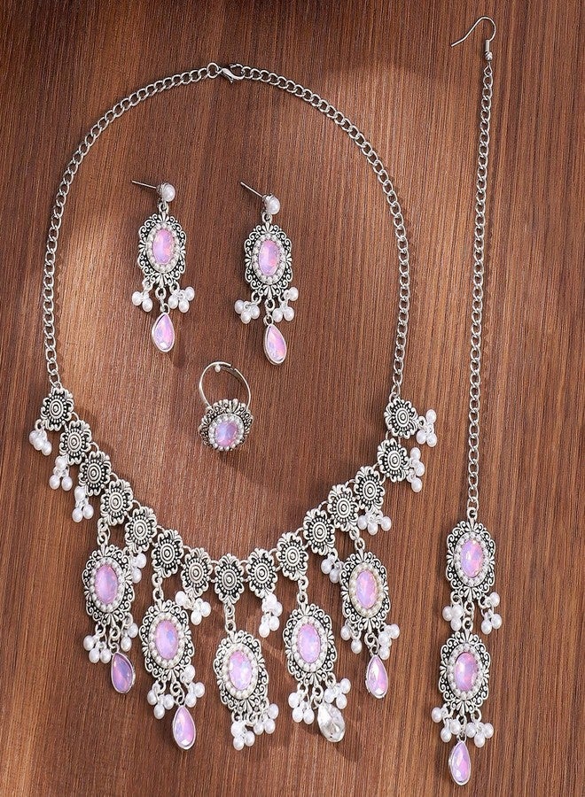 Cykdohy Luxury Waterdrop Rhinestone Pearls Tassel Charm Necklace Earrings Ring Maang Tikka Jewelry 4PCS Set Oxidized Antique Silver Flower Choker Ethnic Indian Retro Crystal Bollywood Bridal Wedding for Women - Image 4