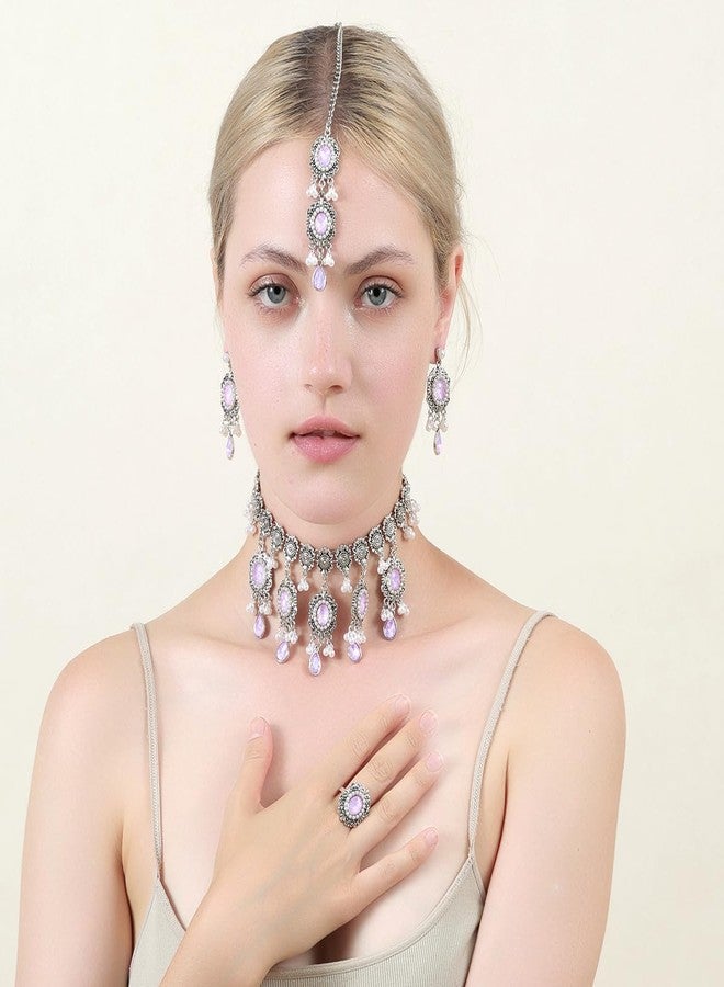 Cykdohy Luxury Waterdrop Rhinestone Pearls Tassel Charm Necklace Earrings Ring Maang Tikka Jewelry 4PCS Set Oxidized Antique Silver Flower Choker Ethnic Indian Retro Crystal Bollywood Bridal Wedding for Women - Image 2