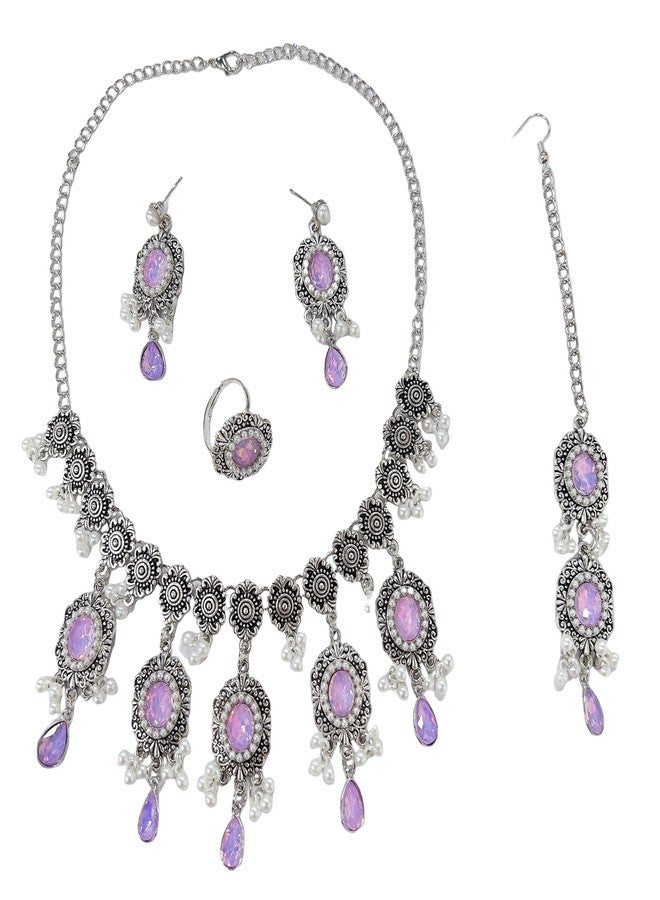 Cykdohy Luxury Waterdrop Rhinestone Pearls Tassel Charm Necklace Earrings Ring Maang Tikka Jewelry 4PCS Set Oxidized Antique Silver Flower Choker Ethnic Indian Retro Crystal Bollywood Bridal Wedding for Women - Image 1