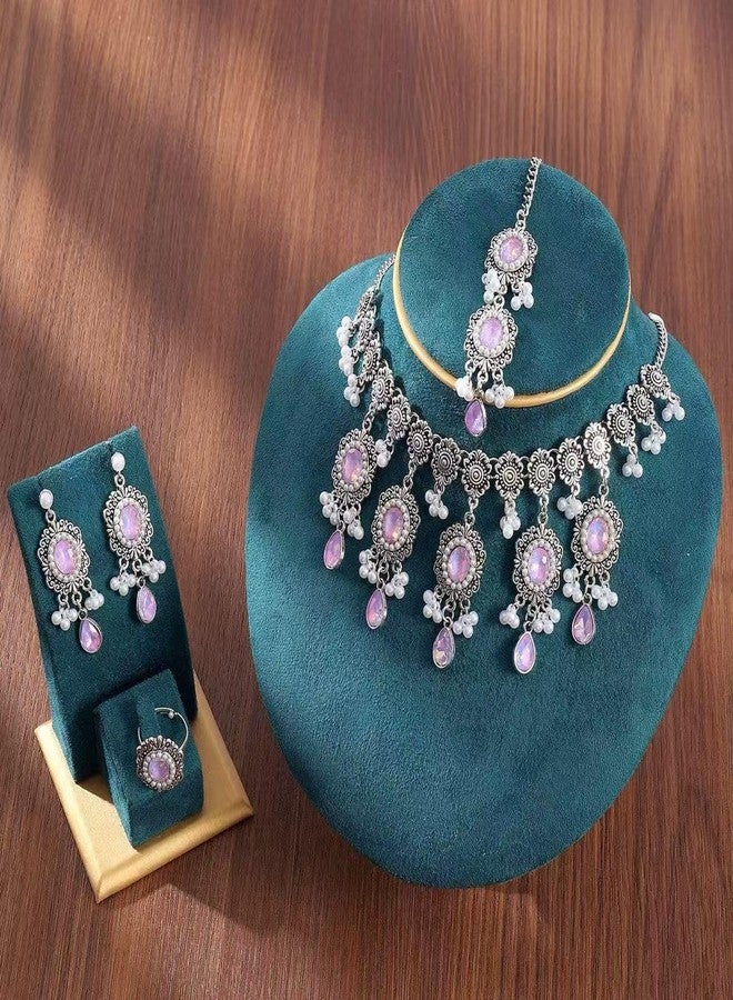 Cykdohy Luxury Waterdrop Rhinestone Pearls Tassel Charm Necklace Earrings Ring Maang Tikka Jewelry 4PCS Set Oxidized Antique Silver Flower Choker Ethnic Indian Retro Crystal Bollywood Bridal Wedding for Women - Image 5