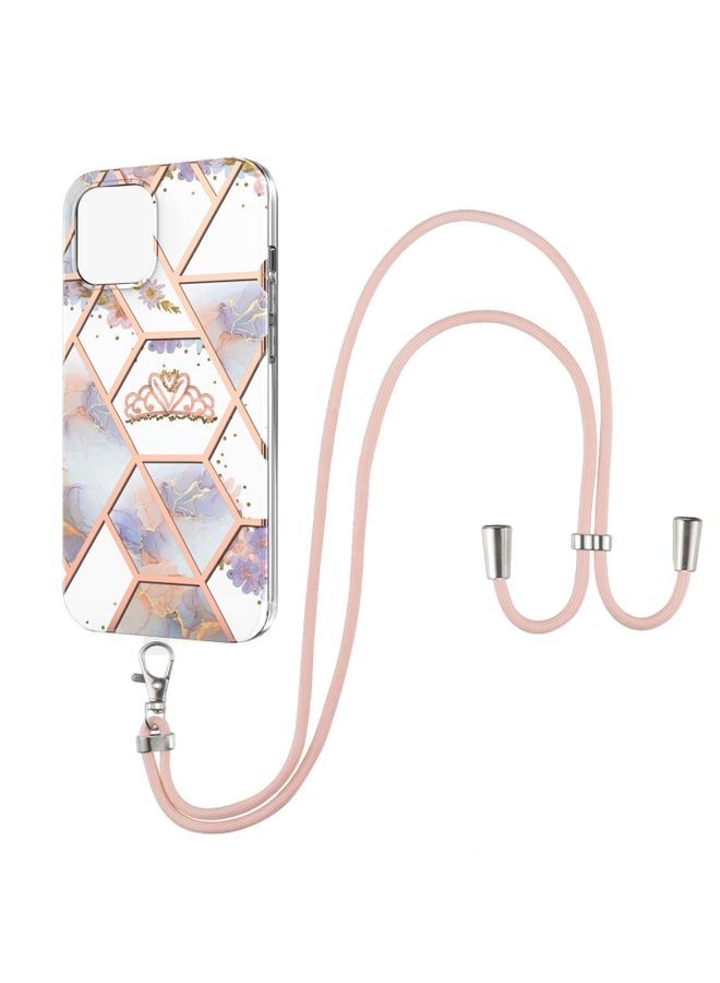 BGM Case Cover For iPhone 13 Pro Electroplating Splicing Marble Flower Pattern TPU Shockproof Case with Lanyard Imperial Crown