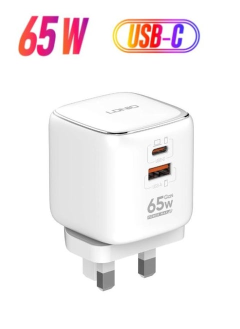 65W Universal Travel Adapter,US/UK/EU Plug, GaN USB C Charger Plug 2-Port Fast Wall Charger Head Compatible for MacBook, HP, Dell, Lenovo, iPhone 16, iPad, Galaxy Tab/S25, Switch etc
