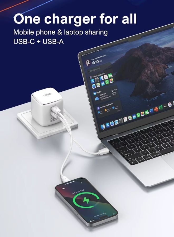 LDNIO 65W GaN Super Fast Charger with Dual Ports – USB-C PD 45W + USB-A QC 20W, Compact Foldable Travel Adapter with Replaceable plug US/EU/UK Plugs, Supports PD3.0, QC3.0, VOOC, SCP, FCP for Laptop, iPhone, Samsung, Huawei, and More  - Image 2