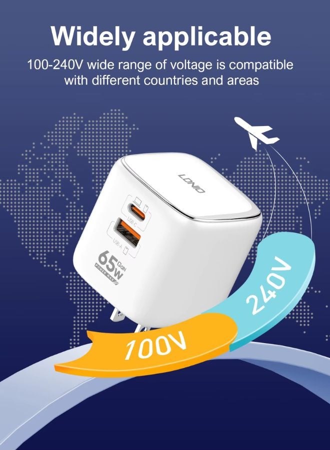 LDNIO 65W GaN Super Fast Charger with Dual Ports – USB-C PD 45W + USB-A QC 20W, Compact Foldable Travel Adapter with Replaceable plug US/EU/UK Plugs, Supports PD3.0, QC3.0, VOOC, SCP, FCP for Laptop, iPhone, Samsung, Huawei, and More  - Image 5