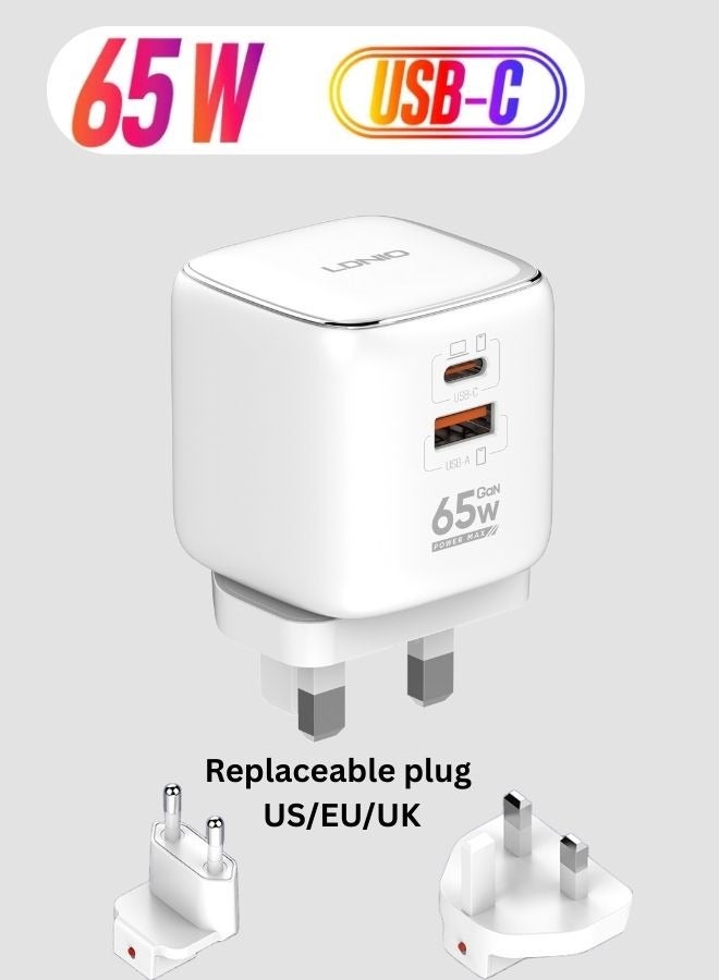 LDNIO 65W GaN Super Fast Charger with Dual Ports – USB-C PD 45W + USB-A QC 20W, Compact Foldable Travel Adapter with Replaceable plug US/EU/UK Plugs, Supports PD3.0, QC3.0, VOOC, SCP, FCP for Laptop, iPhone, Samsung, Huawei, and More  - Image 1