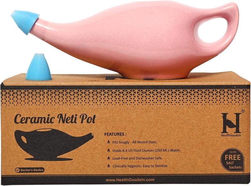 HealthGoodsIn HealthGoodsIn Ceramic Neti Pot, Dishwasher Safe, Premium Handcrafted with 2 Silicone Nozzle and Salt for Sinus - 225 Ml. Capacity (Peach) 