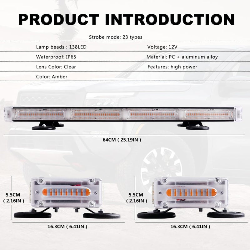Nrgedzam 138 LED Roof Top Strobe Light - Amber Emergency Flashing Light Bar with Magnetic Base for Trucks and Construction Vehicles - Image 3