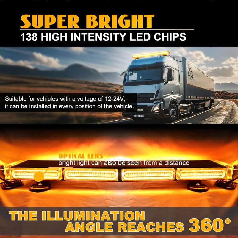 Nrgedzam 138 LED Roof Top Strobe Light - Amber Emergency Flashing Light Bar with Magnetic Base for Trucks and Construction Vehicles - Image 2