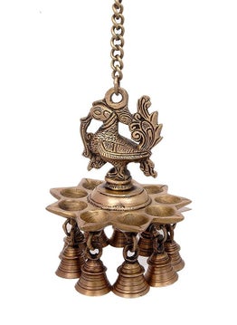 ARTVARKO Artvarko Brass Peacock Deepam Deepak Diya Bell with Chain Wall Hanging for Home Decor Mandir Temple Puja 9 Inches Height  - Image 3