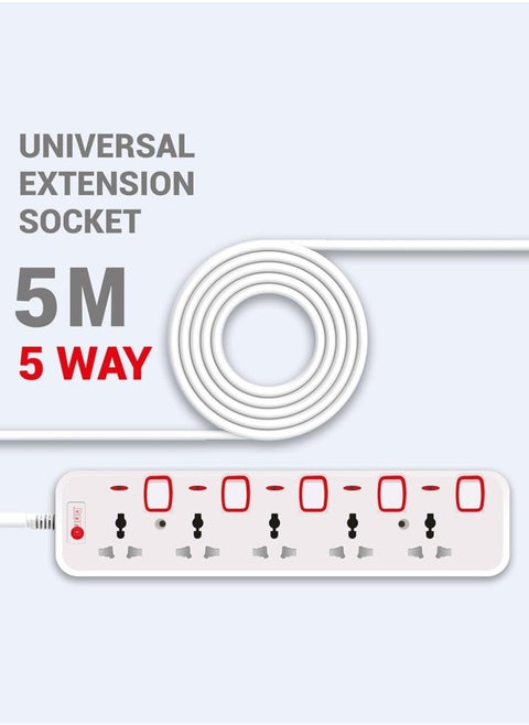 AFRA Universal Extension Cord, 5Way, 5 Universal Sockets, 5 Meter Cable, Easy Set-Up & Storage, Shockproof, 250V with 2 Years warranty