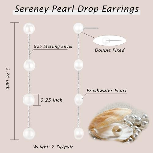 Sereney Sterling Silver Pearl Earrings for Women, Pearl Drop Earrings for Bride as Wedding Earrings Freshwater Pearls Dangle Jewelry as Bridesmaid Earrings Pearls Jewelry as Birthday Gifts - Image 3