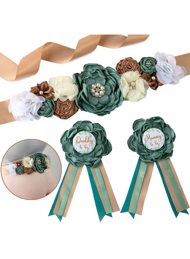 Vemonllas Maternity Sash Kit Mom To Be Daddy To Be Corsage Pins Baby Shower Decorations Belly Belt Pregnancy Photo Props Keepsake Gifts (Dark Green) - Image 3