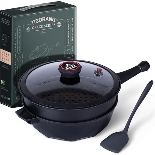 TIBORANG 8 in 1 Multipurpose 11 Inch 5 Quart Heat Indicator Nonstick Deep Frying Pan with Glass Lid, Stay-cool Handle, Steamed Grid, PFOA-Free,Dishwasher&Oven Safe,Works with All Stovetops (Black) - Image 1