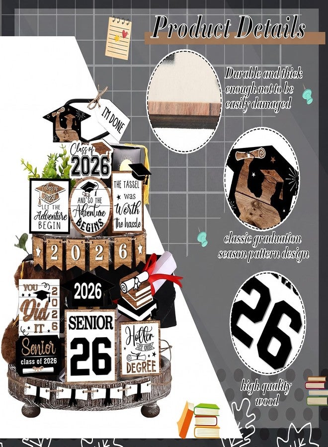 Anglechic 22 Pcs 2026 Graduation Tiered Tray Decor Sets Wooden Graduation Class of 2026 Table Decorations Senior 2026 Gown Diploma Farmhouse Signs for Home Shelf Party Office Desk(Black, White) - Image 3