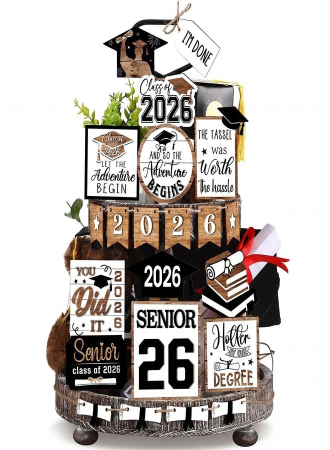Anglechic 22 Pcs 2026 Graduation Tiered Tray Decor Sets Wooden Graduation Class of 2026 Table Decorations Senior 2026 Gown Diploma Farmhouse Signs for Home Shelf Party Office Desk(Black, White) - Image 1