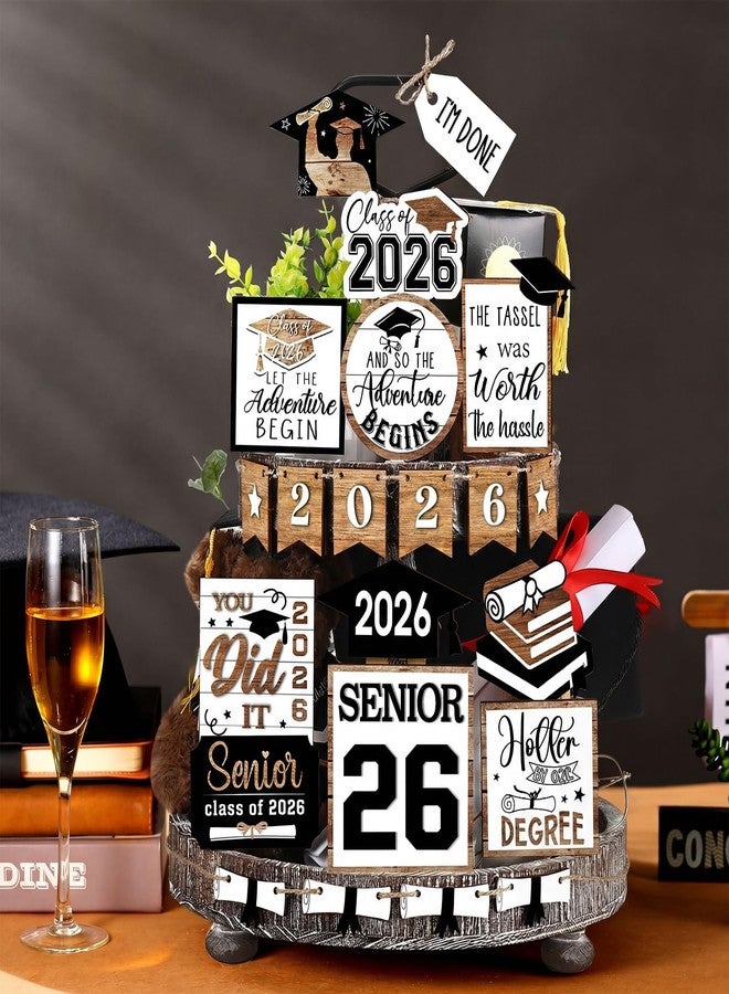 Anglechic 22 Pcs 2026 Graduation Tiered Tray Decor Sets Wooden Graduation Class of 2026 Table Decorations Senior 2026 Gown Diploma Farmhouse Signs for Home Shelf Party Office Desk(Black, White) - Image 4