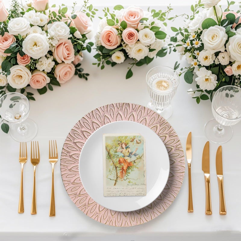 SforGUVA Pink Charger Plates, 13 Inch Set of 6 Plastic Peacock Chargers for Dinner Plates,Table Settings, Easter, Thanksgiving, Christmas Party, Family Gathering. - Image 2