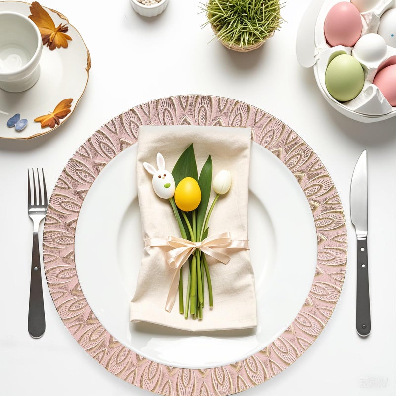 SforGUVA Pink Charger Plates, 13 Inch Set of 6 Plastic Peacock Chargers for Dinner Plates,Table Settings, Easter, Thanksgiving, Christmas Party, Family Gathering. - Image 3