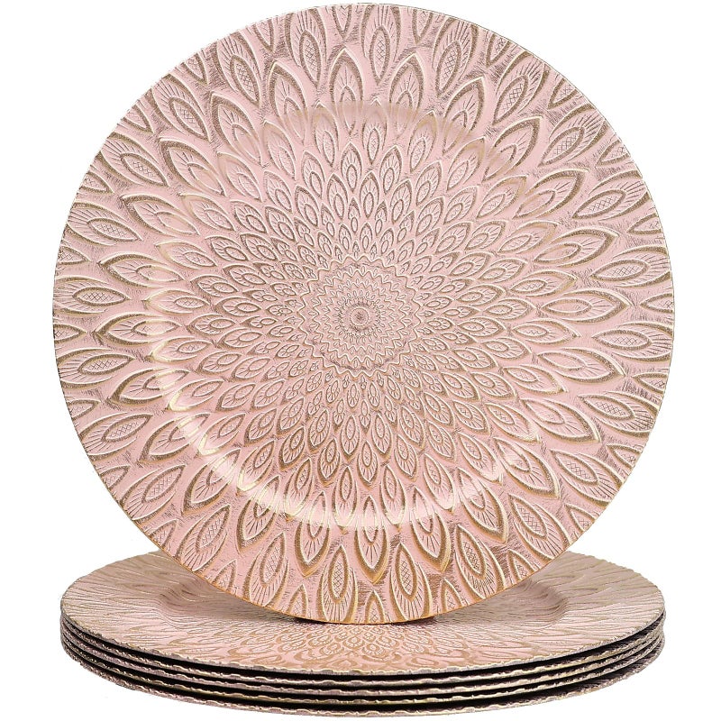 SforGUVA Pink Charger Plates, 13 Inch Set of 6 Plastic Peacock Chargers for Dinner Plates,Table Settings, Easter, Thanksgiving, Christmas Party, Family Gathering. - Image 1