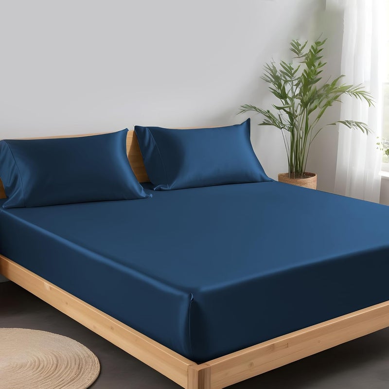 LINENWALAS Organic Vegan Bamboo Fitted Sheet with Pillowcase, Deep Pocket 16 Inch Softest, Silky Cool Bamboo Bedding SuperKing Size 1 Fitted Sheet and 2 Pillowcases (71x79 Inches, Navy Blue) - Image 2