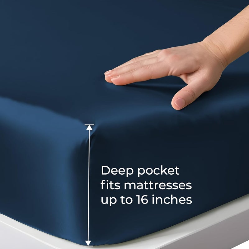 LINENWALAS Organic Vegan Bamboo Fitted Sheet with Pillowcase, Deep Pocket 16 Inch Softest, Silky Cool Bamboo Bedding SuperKing Size 1 Fitted Sheet and 2 Pillowcases (71x79 Inches, Navy Blue) - Image 4