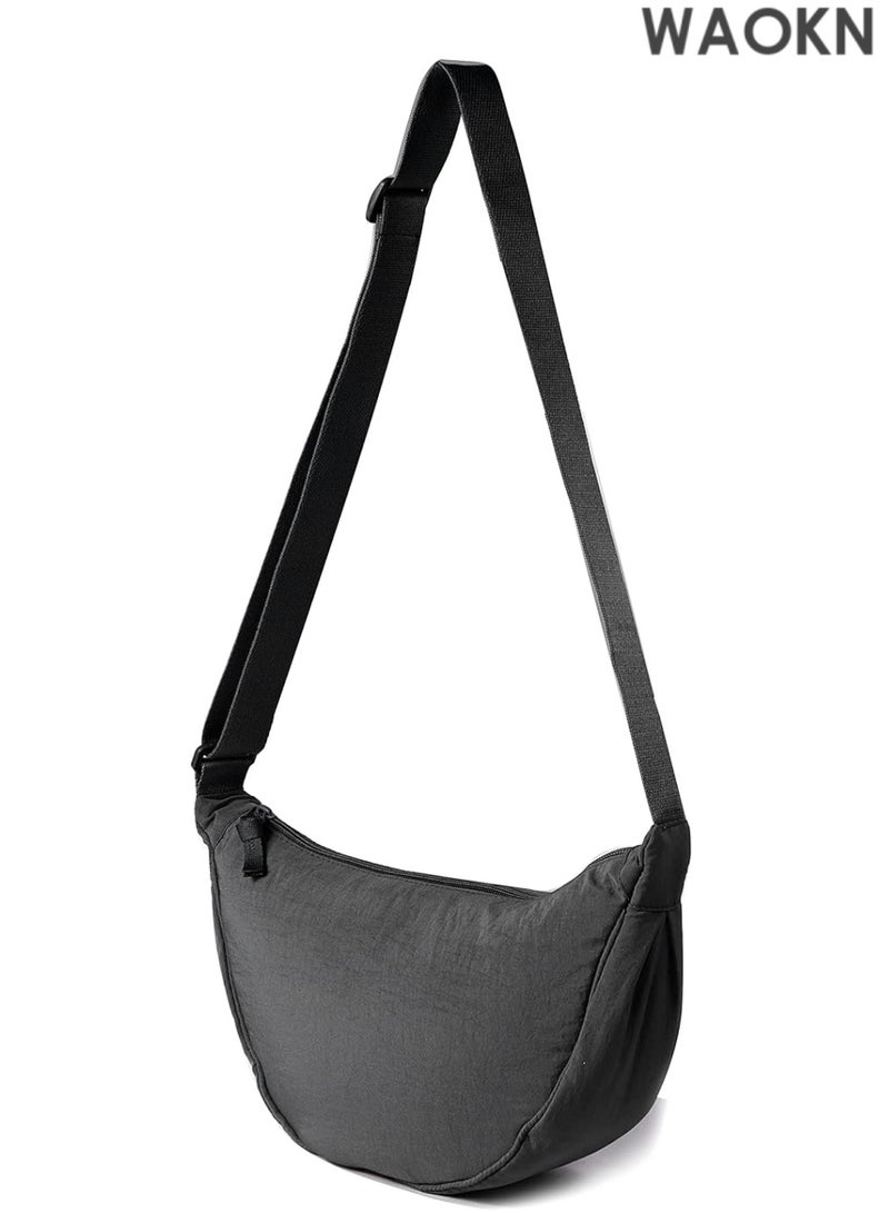 WAOKN Unisex Nylon Crescent Crossbody Bag - Lightweight Fanny Pack for Women & Men - Bag with Adjustable Strap - Hands-Free Travel Essentials Pouch for Phone/Wallet/Keys (Black) - Image 1