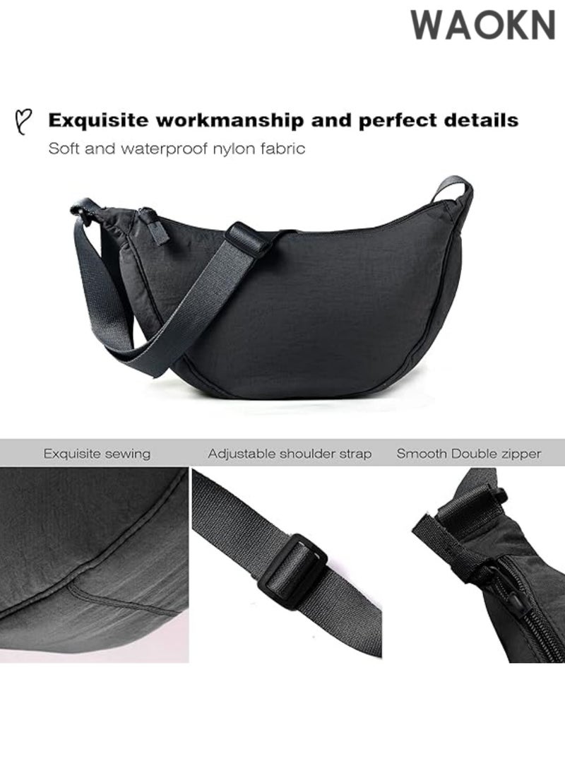 WAOKN Unisex Nylon Crescent Crossbody Bag - Lightweight Fanny Pack for Women & Men - Bag with Adjustable Strap - Hands-Free Travel Essentials Pouch for Phone/Wallet/Keys (Black) - Image 3