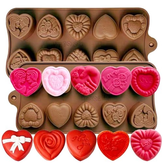 Copzievkae 2 Pack Heart Chocolate Molds Heart Molds Silicone Valentine Chocolate Molds Heart Chocolate Mold 10 Style Love Rose Bow Shaped Silicone Mold for Candy, Gummy, Ice Cube Tray