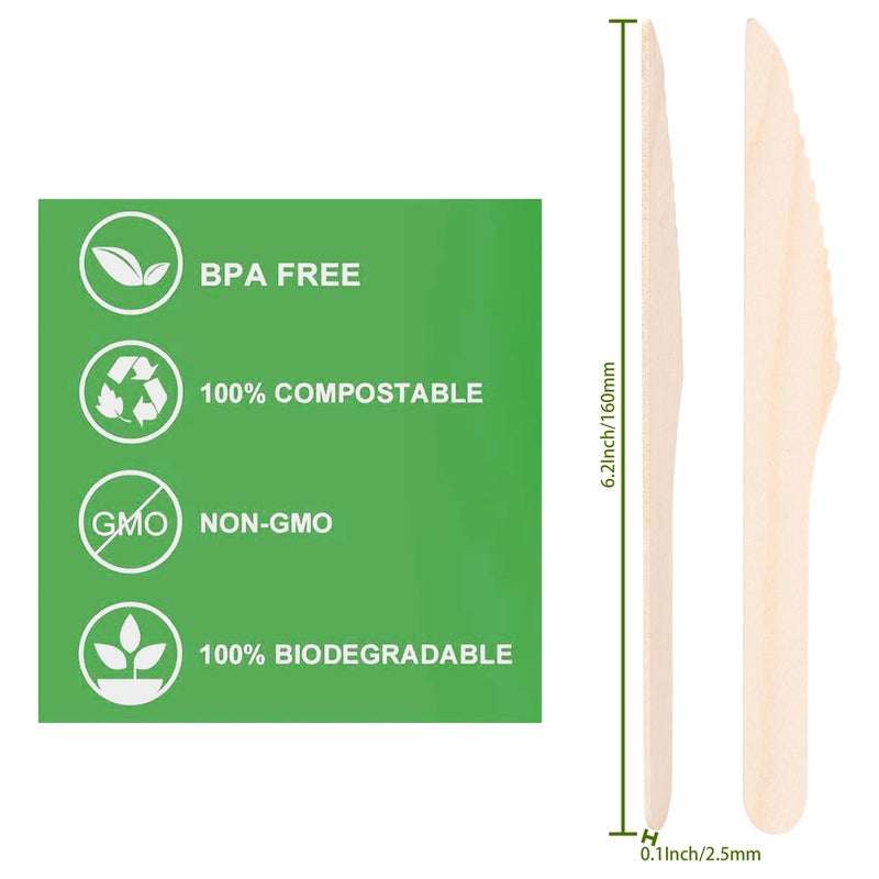 ANTETOK Disposable Wood Cutlery Knives - 100 Pack Wooden Knives Disposable Biodegradable and Earth Friendly  6.3 Inch Length Wood Knives  - Image 1