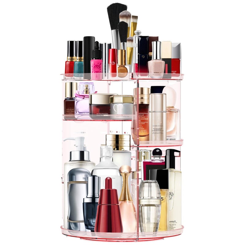 MISERWE Makeup Organizer 360 Rotating Cosmetic Organizer DIY Adjustable Makeup Carousel Spinning Holder Rack Large Capacity Cosmetic Storage Box Makeup Brushes Organizer for Vanity Countertop Pink