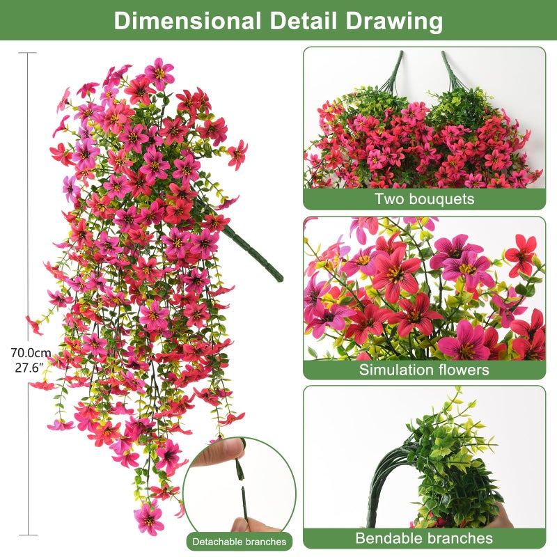 ZFProcess Artificial Hanging Flowers Plants for Outdoor Spring Summer Decoration, 2PCS Faux Silk Daisy UV Resistant Look Real for Outside Home Indoor Planter Porch Garden Yard Decor(Rose Red Fuchsia) - Image 2