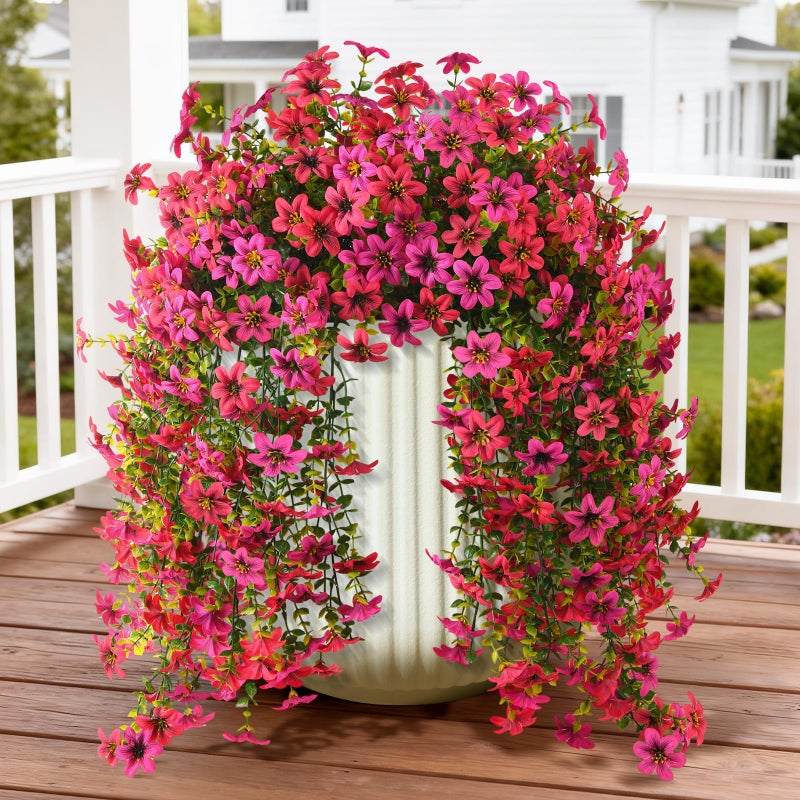 ZFProcess Artificial Hanging Flowers Plants for Outdoor Spring Summer Decoration, 2PCS Faux Silk Daisy UV Resistant Look Real for Outside Home Indoor Planter Porch Garden Yard Decor(Rose Red Fuchsia) - Image 1
