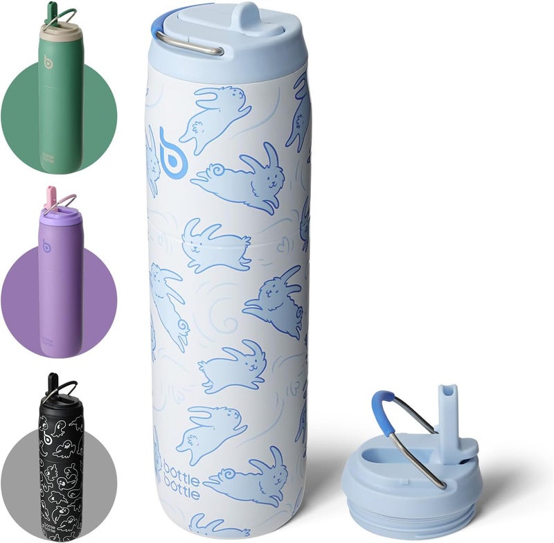 bottle bottle زجاجة زجاجة 32 أونصة زجاجة ماء من الفولاذ المقاوم للصدأ مع قشة وغطاء - معزولة بالفراغ، مقاومة للتسرب، فم واسع للنساء - تصميم أرنب - Image 1