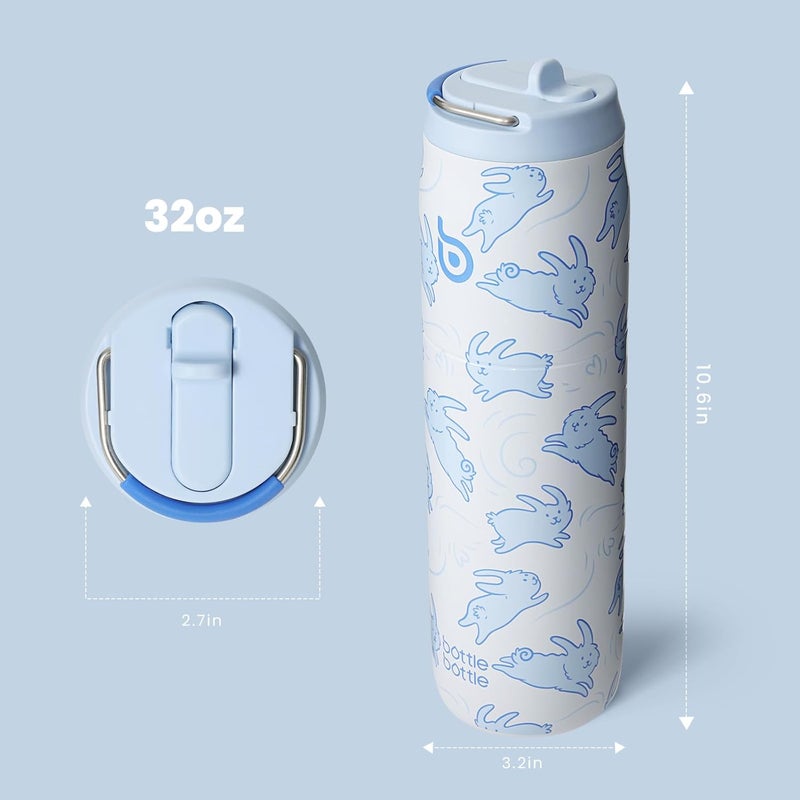 bottle bottle زجاجة زجاجة 32 أونصة زجاجة ماء من الفولاذ المقاوم للصدأ مع قشة وغطاء - معزولة بالفراغ، مقاومة للتسرب، فم واسع للنساء - تصميم أرنب - Image 3