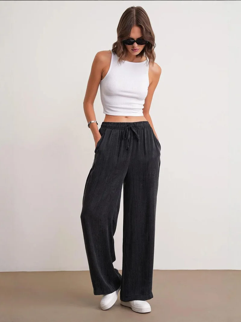 MixRay Mixray Textured Wide Leg Drawstring Pants