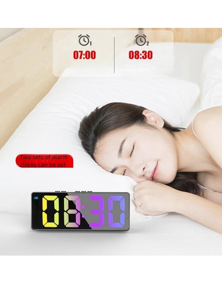 Generic 1pc LED Digital Electronic Clock Bedside Alarm Clock, Colorful Digital Clock, With Temperature Display Mirror Alarm ClocClock For Bedroom, Voice Controlled Wake-up, Snooze Mode, Room Home Decor  - Image 3