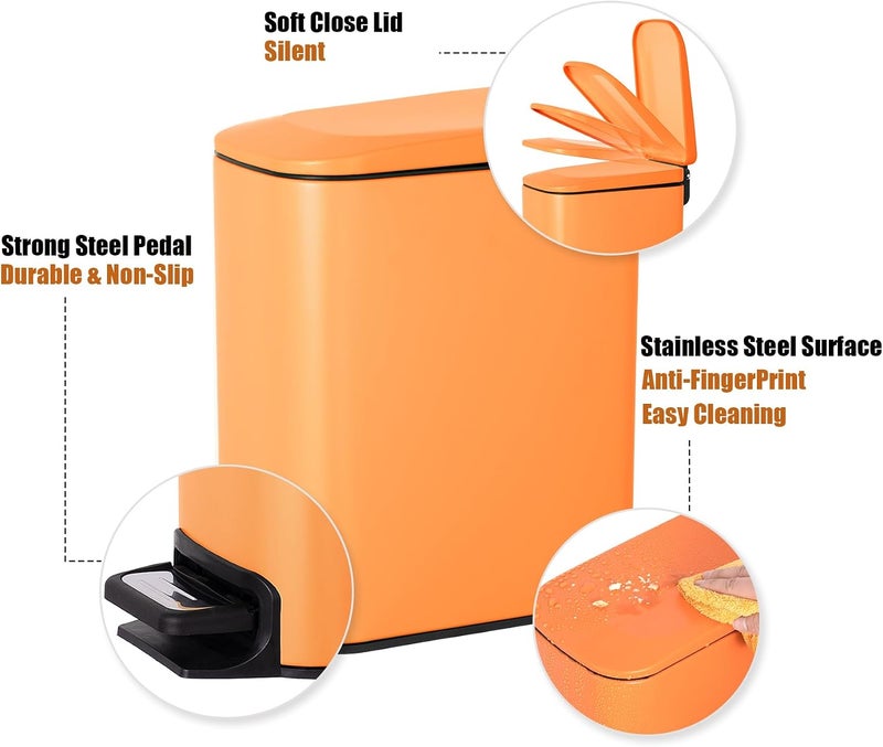 Cesun Small Bathroom Trash Can with Lid Soft Close, Step Pedal, 6 Liter / 1.6 Gallon Stainless Steel Garbage Can with Removable Inner Bucket, Anti-Fingerprint Finish (Matt Orange) - Image 3
