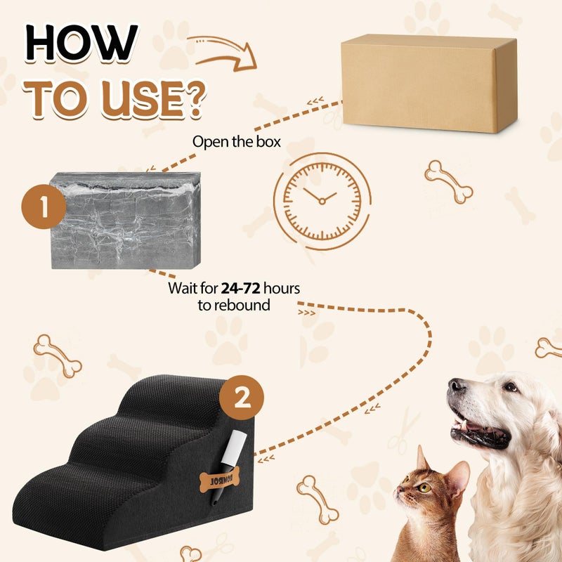 Romrol Dog Stairs Ramp for Beds Couches, Extra Wide Pet Steps with Durable Non-Slip Waterproof Fabric Cover, Dog Slope Stairs for Small Dogs and Cats or Pets Friendly, 3-Tiers, 13 Inch,Beige - Image 3