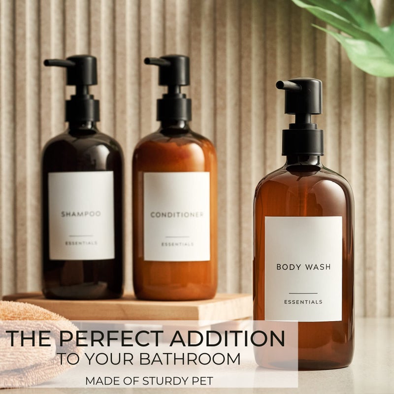 KIBAGA Stylish Shampoo and Conditioner Dispenser Set of 3 - Modern 21oz Shower Soap PET Bottles with Pump and Labels - Easy to Refill Body Wash Dispensers for an Instant Bathroom Decor Upgrade - Image 4