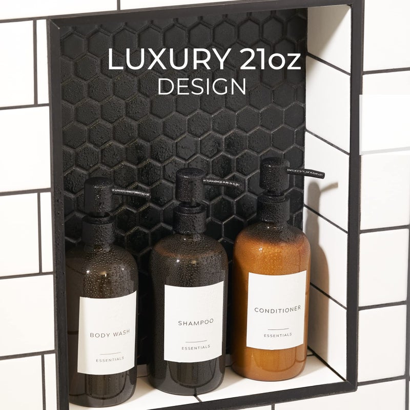 KIBAGA Stylish Shampoo and Conditioner Dispenser Set of 3 - Modern 21oz Shower Soap PET Bottles with Pump and Labels - Easy to Refill Body Wash Dispensers for an Instant Bathroom Decor Upgrade - Image 3