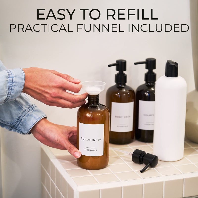 KIBAGA Stylish Shampoo and Conditioner Dispenser Set of 3 - Modern 21oz Shower Soap PET Bottles with Pump and Labels - Easy to Refill Body Wash Dispensers for an Instant Bathroom Decor Upgrade - Image 5