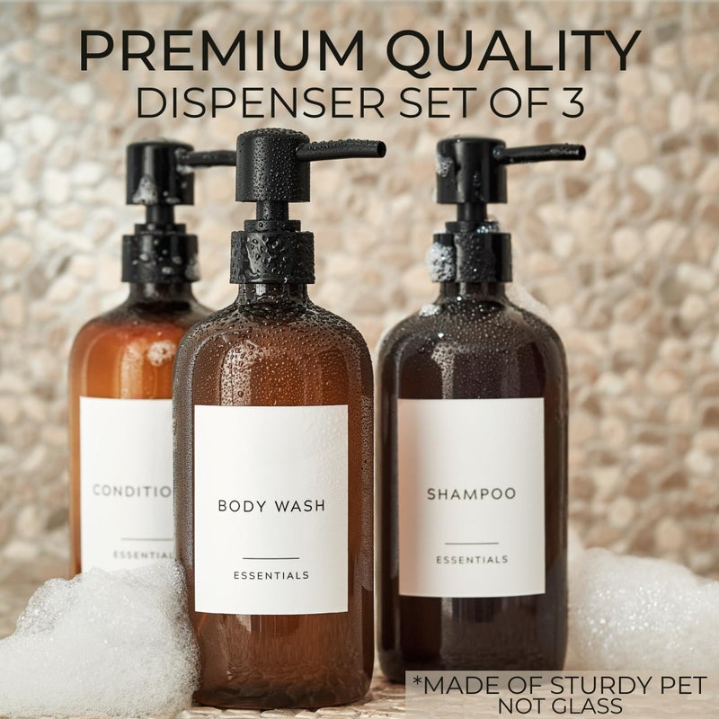 KIBAGA Stylish Shampoo and Conditioner Dispenser Set of 3 - Modern 21oz Shower Soap PET Bottles with Pump and Labels - Easy to Refill Body Wash Dispensers for an Instant Bathroom Decor Upgrade - Image 2