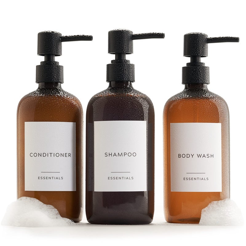 KIBAGA Stylish Shampoo and Conditioner Dispenser Set of 3 - Modern 21oz Shower Soap PET Bottles with Pump and Labels - Easy to Refill Body Wash Dispensers for an Instant Bathroom Decor Upgrade - Image 1