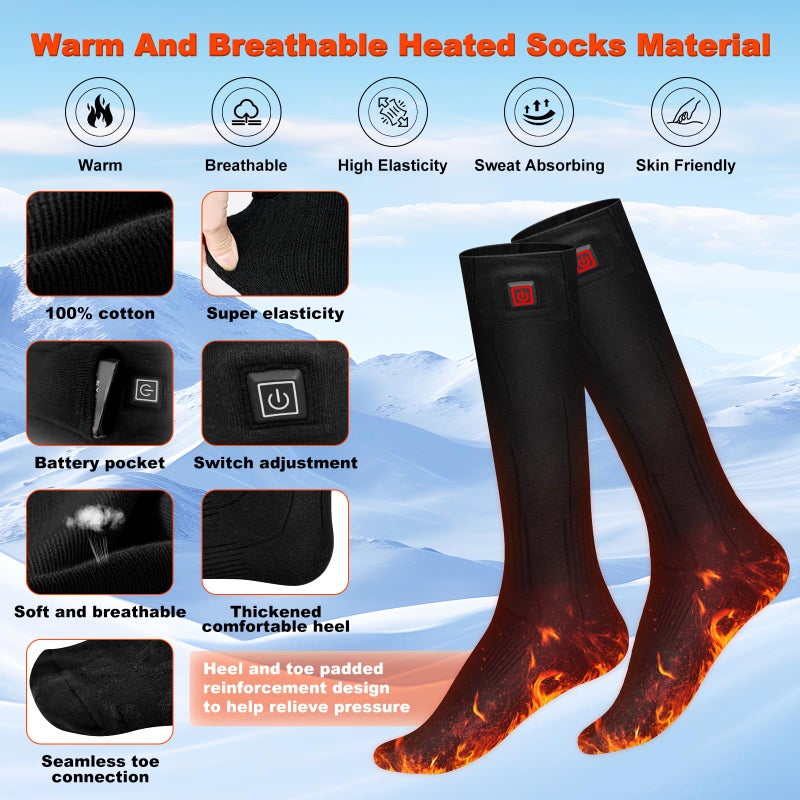 YOHELK Heated Socks,7.4V 3200mAh Rechargeable Electric Socks for Men Women with 3 Heating Levels, Thermal Socks with Button Control for Ski Hunting Cycling Camping Hiking(Black) - Image 4