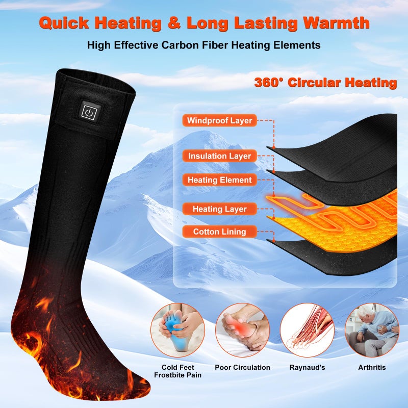 YOHELK Heated Socks,7.4V 3200mAh Rechargeable Electric Socks for Men Women with 3 Heating Levels, Thermal Socks with Button Control for Ski Hunting Cycling Camping Hiking(Black) - Image 3
