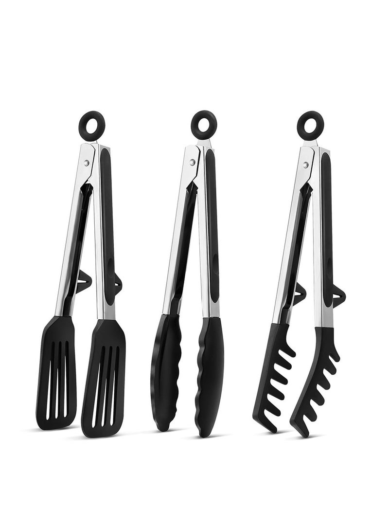 Mmmon Tongs for Cooking with Silicone Tips (3 Pack), Non Stick Kitchen Tongs with Silicone Tip for Steak Pie Pizza Pasta Spaghetti Salad BBQ Buffet (9", Black)